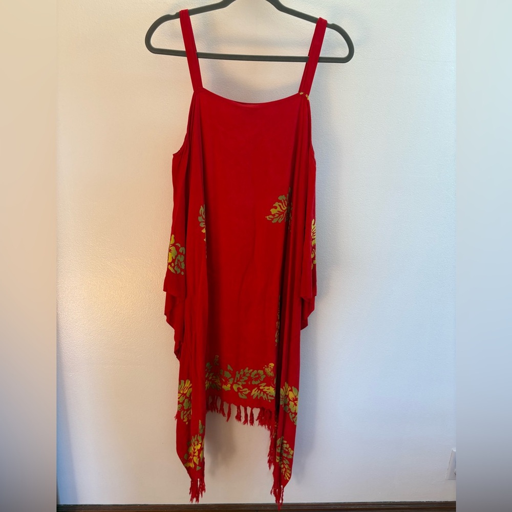 Pineapple Moon Red Floral Bhatik Cold-Shoulder Hawaiian Midi Dress OS - Picture 4 of 4